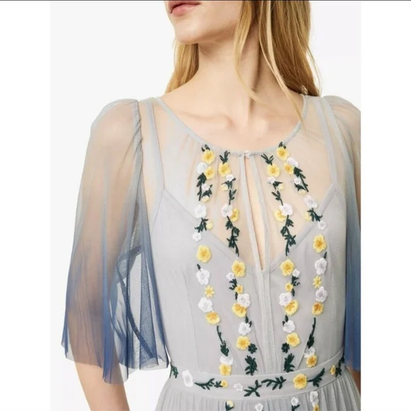 French Connection Blue Ombre Gauze Floral Embroidered Flutter Sleeve Maxi Dress - Picture 4 of 8